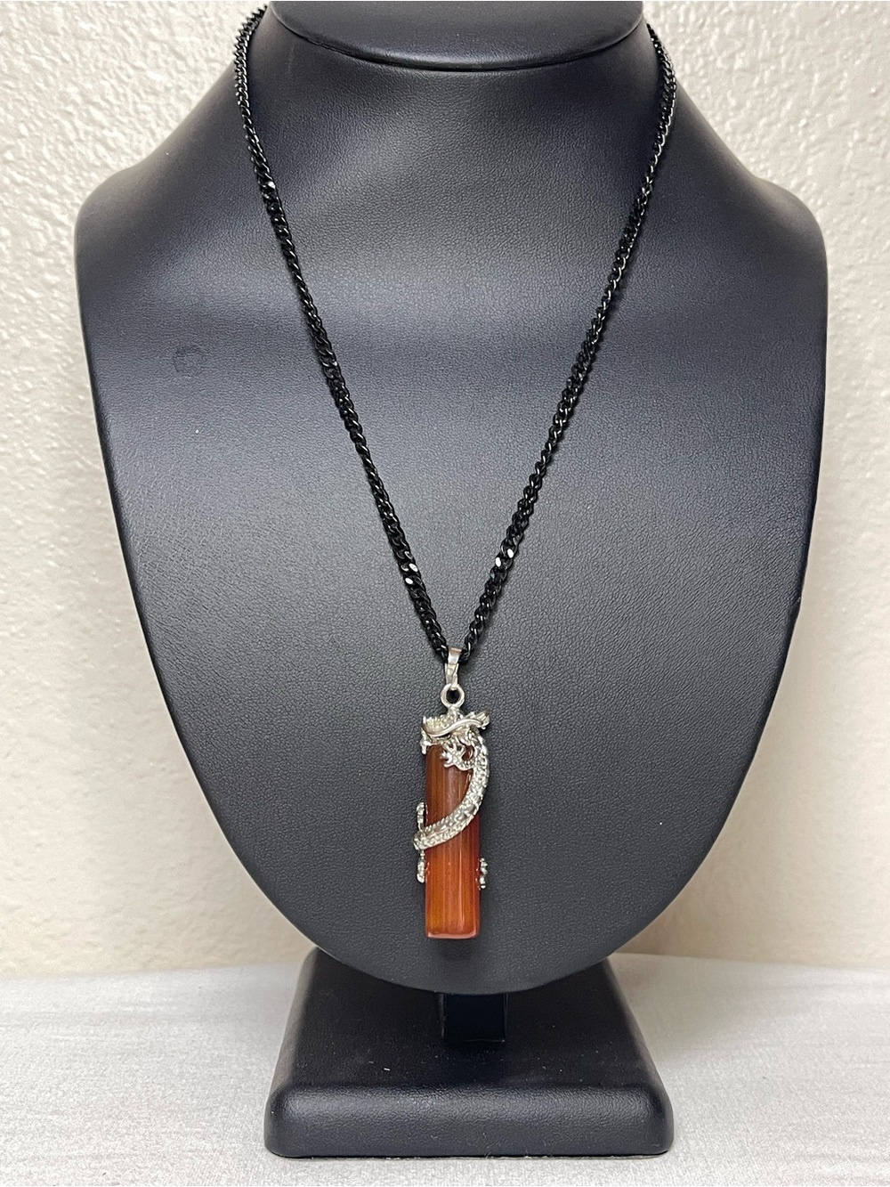 Silver Dragon Wrap Necklace with Orange Stone Pendant